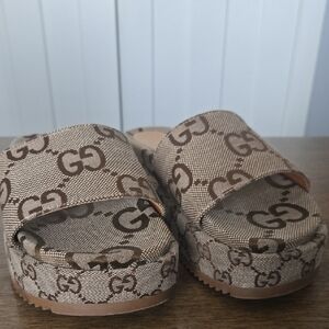 Gucci Beige and Brown Monogram Platform Sandals